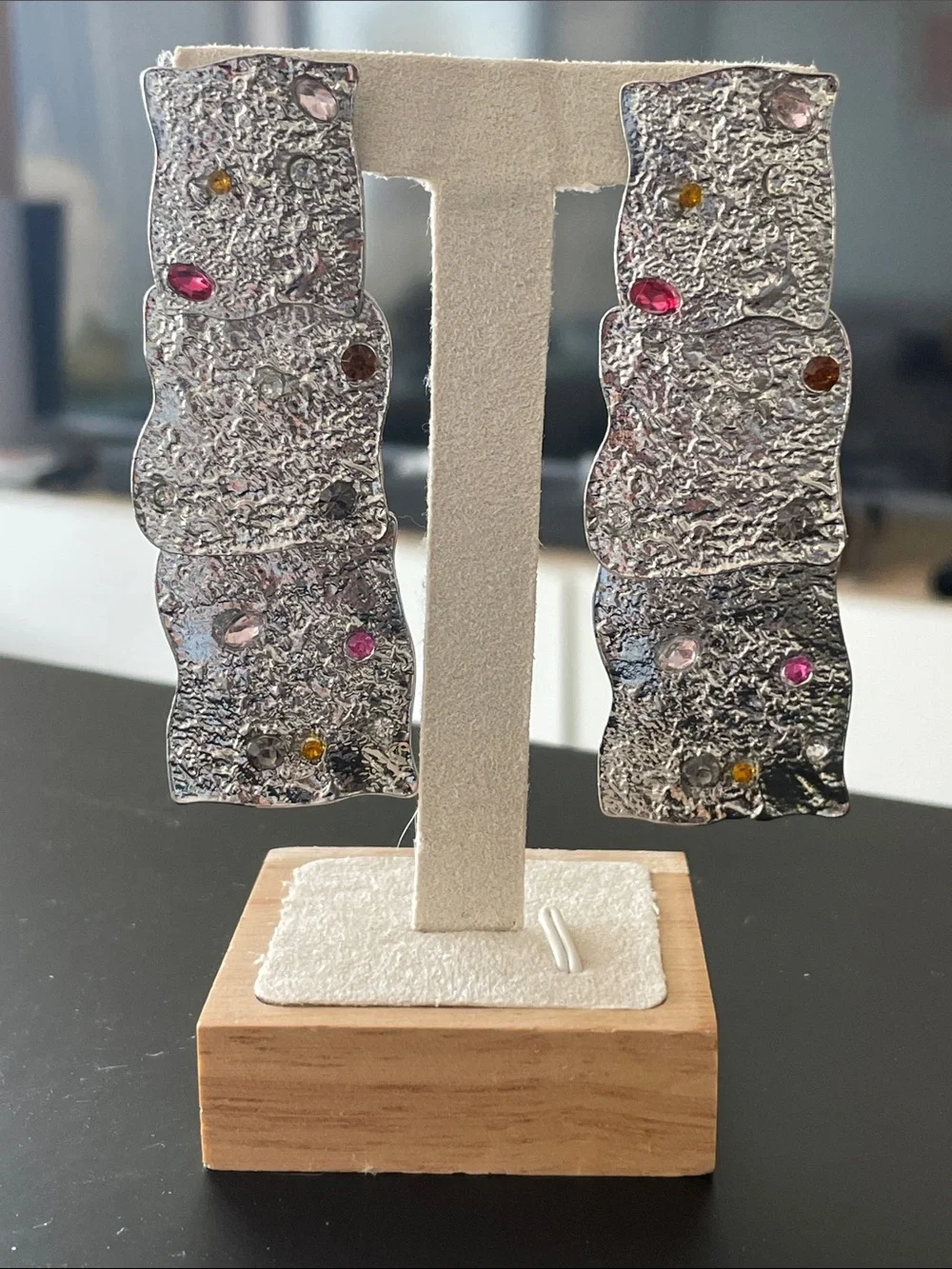 Zara Silver Textured Statement Earrings with Multicolor Stones